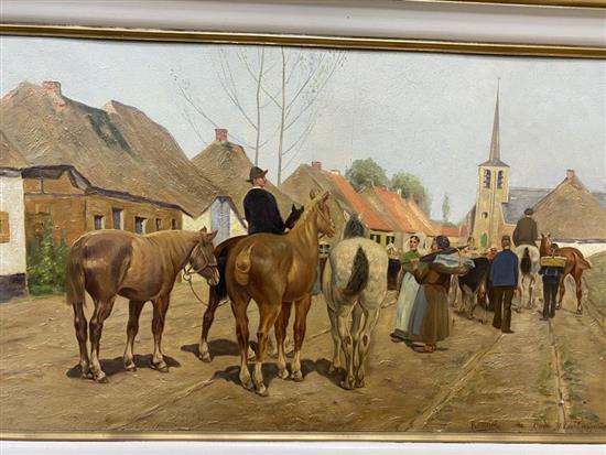 Rossini after F Van Leemputten, oil on board, Farmers going to market, signed, 62 x 120cm
